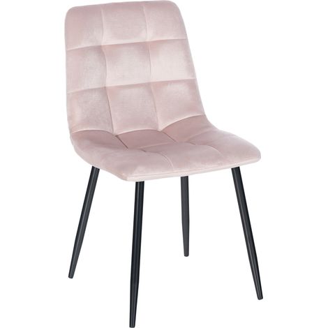 Chaise de salle à manger x1 coutures décoratives carrées en tissu velours rose et métal noir 100002132