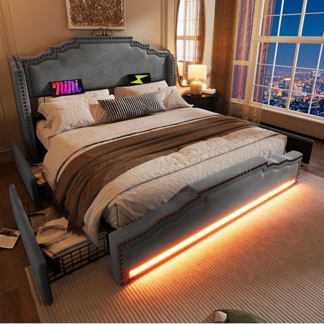 lit double rangement LED USB C 160x200 velours gris OKMYHOME (1/5)