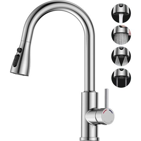 Robinet de cuisine avec douchette extractible - Mitigeur pliable PRO pour évier de cuisine avec 4 jets, pivotant à 360°