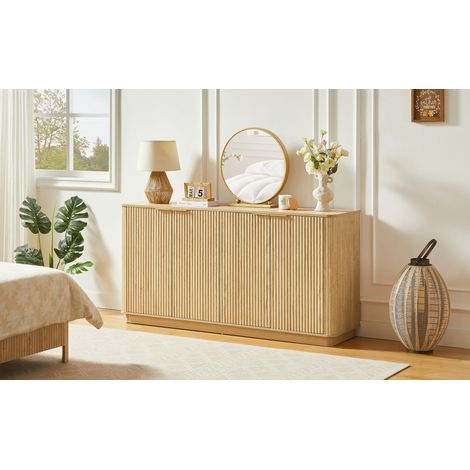 Credenza in MDF rovere 160 x 40 x 80 cm, 4 ante, motivo ondulato, ripiani interni, fissaggio a muro