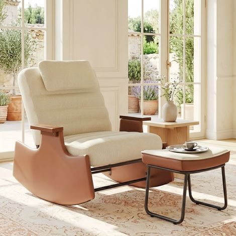 Schaukel- und Stillsessel mit Hocker - Cord Beige - Verstellbare Rückenlehne und Kopfstütze - Skandi - 51,5x61,5x81 cm