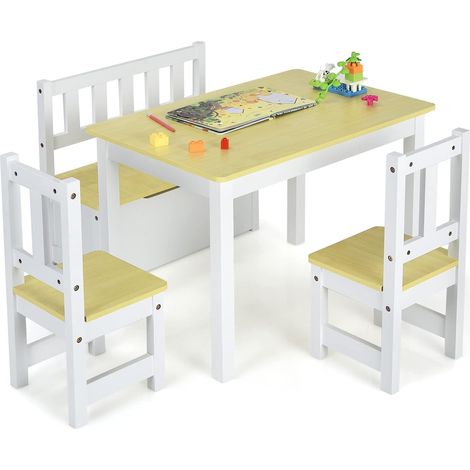 COSTWAY Set de Mesa y Sillas para Niños, Set 4 Piezas Mueble Actividad de Madera 2 en 1 Infantil, Mueble Multifuncional (Natural) (1/5)