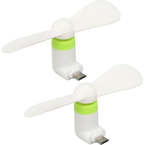 Juego de 2 mini ventiladores 2 en 1 para teléfonos móviles, compatibles con interfaces micro USB y USB-C, color blanco.