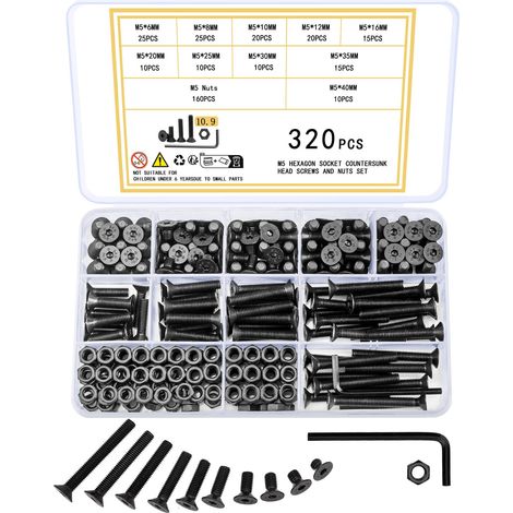 320 Pcs M5 Vis à Tête Fraisée à Six Pans Creux, Vis Boulons et Écrous Kit, Boulons Vis à Tête Creuse Hexagonale, Vis à Tête Plate Hexagonale Assortiment Kit (Argent M5 320) (1/5)