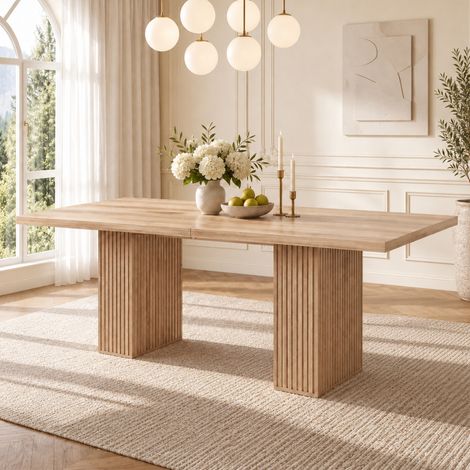 Table à manger extensible 150x90 cm jusqu' à 190x90 cm, rallonge rangée sous le plateau, 2 compartiments de rangement, MDF, finition chêne (1/5)