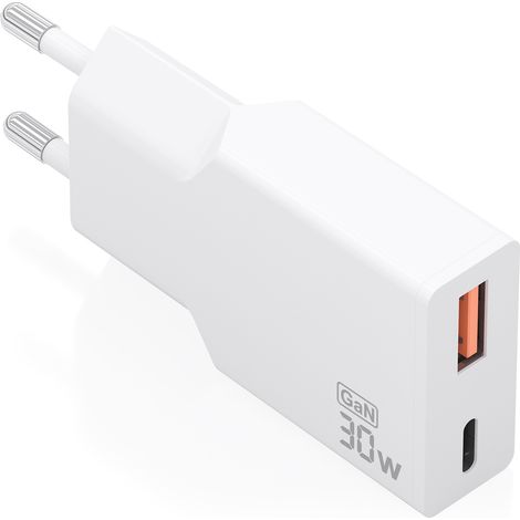 AISENS Cargador Ultra Delgado GaN 30W, 1xUSB-C PD3.0 QC4.0, 1xUSB-A QC3.0, Blanco