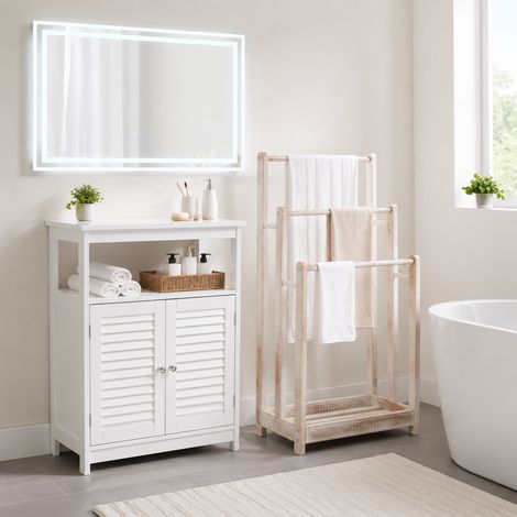 Juego de bano led spa 3 piezas armario de almacenamiento blanco espejo con doble iluminacion de 80 x 60 y toallero de madera 228524194 (1/5)