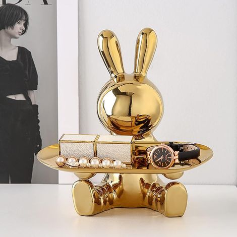 Bandeja para llaves dorada con forma de conejo, organizador decorativo con forma de conejo para consola de entrada, bombonera de escritorio, pequeña bandeja para joyas, decoración del hogar