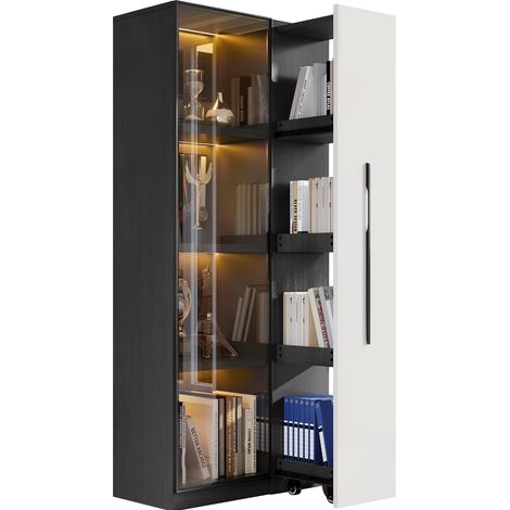 Vitrine haute 70 x 40 x 160 cm avec LED, portes en verre trempé, tiroir latéral et roulettes, meuble de rangement multifonction pour salon ou cuisine - CHICFURN (1/5)