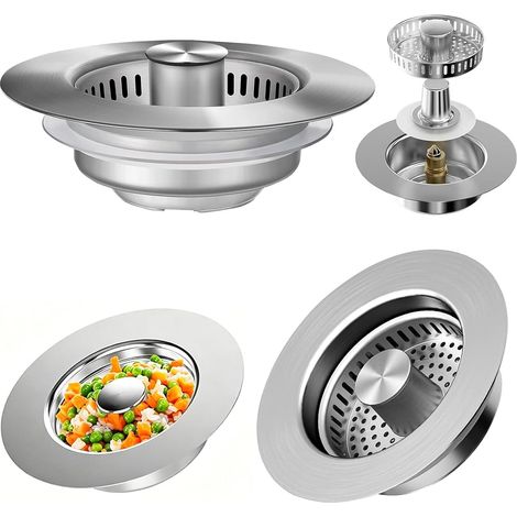 2 Pièces Bouchon évier, Acier inoxydable 304, Filtre anti-obstruction, ABS résistant chaleur, Cuisine 7.5-8.7cm