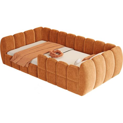 CHICFURN Cama infantil de suelo 90x200 cm en terciopelo naranja, diseño completamente cerrado con bordes redondeados, segura y baja, ideal para dormitorio Montessori sin colchón (1/5)