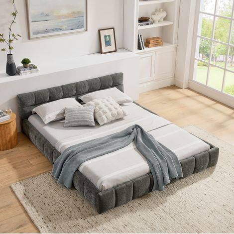 Letto 160x200 cm in ciniglia trapuntata, struttura in eucalipto e ferro, grigio scuro DESVIAE (1/5)