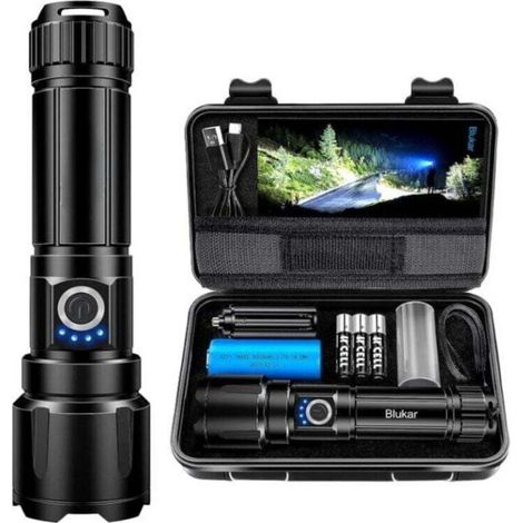 Ultra-powerful LED light, rechargeable 20,000 lumens, tactical, 5000 mAh battery, IPX6 water resistant, 5 modes and zoom for children, camping and emergencies (with 3 AAA batteries). (1/4)
