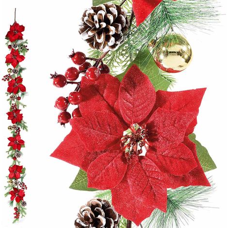 Guirlande festonnée de Noël avec poinsettias, branches de sapin, baies rouges, pommes de pin et boules dorées, 1,90 m (avec crochet 2 m)