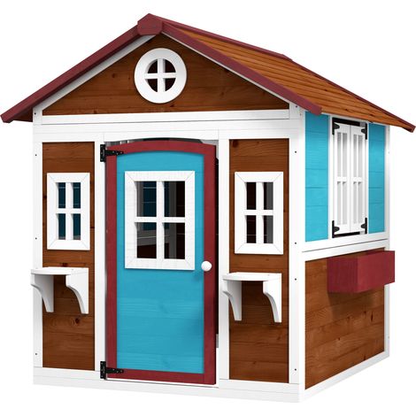 Maison de jeux en bois pour enfants extérieur avec fenêtres pots de fleurs bleu 3-8 ans