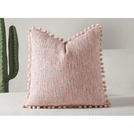 Coussin rose en tweed avec ponpons 45x45 cm POPINE (1/4)