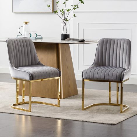 Wahson Dining Chairs Set of 2 in Velvet Upholstered Kitchen Corner Chairs with Golden Metal Frame for Dining Living Room Restaurant, Grey