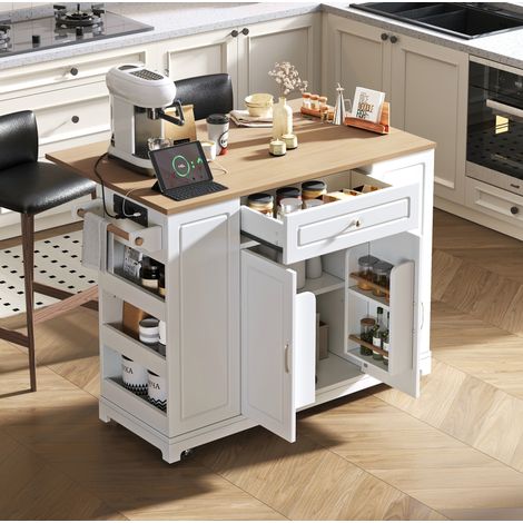 Mesa cocina móvil extensible con almacenaje y enchufes OKMYHOME (1/5)