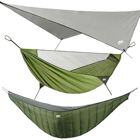 Outdoor-Hängematte mit Moskitonetz, Regenschutz, maximale Belastbarkeit 350 kg, aus 210T Fallschirmseide, für Camping, Trekking, Reisen, Garten, 4 Jahreszeiten