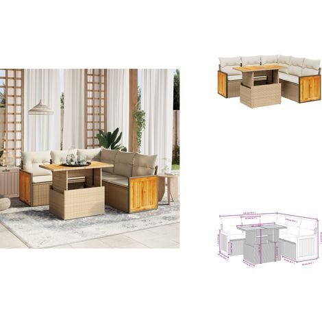 Salon de jardin avec coussins 6 pcs beige résine tressée - Ensemble Salon De Jardin - Mobilier Extérieur - Résine Tressée - Rotin Synthétique - Table Extensible (1/3)