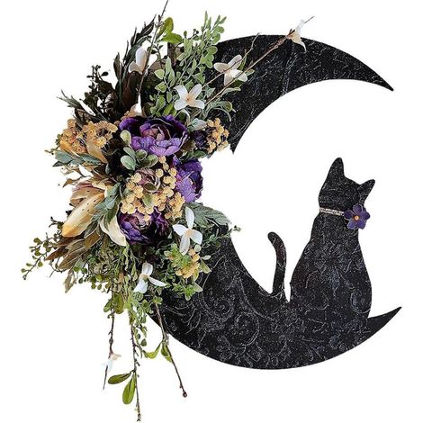 Mondkatzen-Kranz für Halloween, Türdekoration, Zweige, Kätzchen, Kunstblumen, Mondkatzen-Kranz - A6 (1/5)