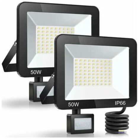 BUNTHAUS 50W Projecteur LED Exterieur Detecteur de Mouvement 2 Pièce, IP66 Étanche Spot LED Avec Détecteur, 5000LM 7000K Blanc Froid Eclairage Exterieur, Lampe Exterieur pour Jardin Terrasse Entrée