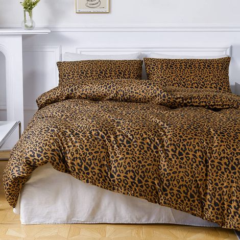 Parure de lit 135 x 200 cm - 2 housses de couette en microfibre - Motif léopard - Marron/jaune/doré - 135 x 200 cm - Pour homme et adolescent (1/5)