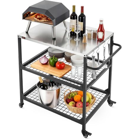 Desserte de Jardin pour Plancha, Chariot de Barbecue avec Plan de Travail 80x61 cm en INOX, pour Préparation de Cuisine BBQ Extérieur, avec 4 Roues, Poignée Latérale et Deux Étagères en Maille (1/5)