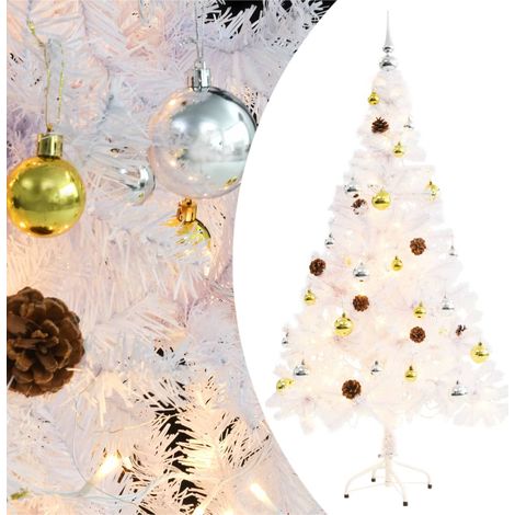 Künstlicher Weihnachtsbaum mit Beleuchtung & Kugeln Weiß 150 cm