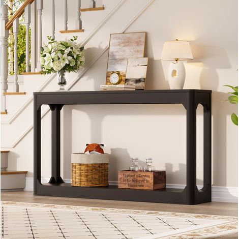 Table console 140xx cm noire en MDF avec 2 niveaux de rangement (1/5)