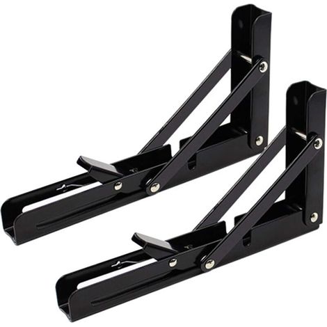 2PCS 10 Inch Noir Équerre Pliante 250mm Support d' Étagères Pliants Mural en Acier Laminé à Froid Equerre pour Etagere Murale, Métal Étagères Pliable Support en Forme de L Charge Maximale 80k