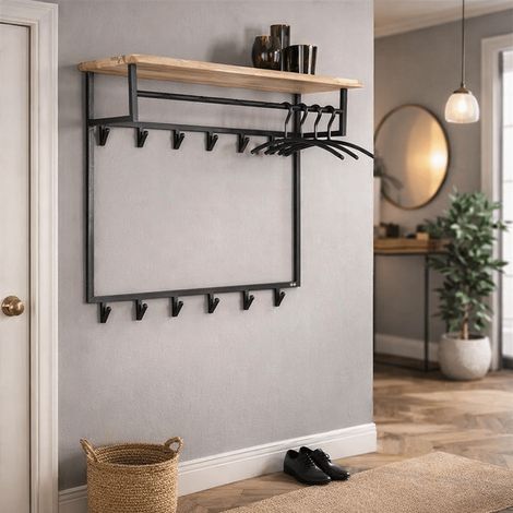 Industrielle Garderobe aus Metall mit Akazienholz, 12 Haken, 100