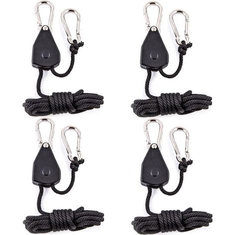 Lot de 4 cordes de suspension robustes de 2 m, réglables, avec poulie, pour plantes, lampes, tentes et autres supports. Idéales pour le camping et la randonnée. Couleur : noir. (1/5)