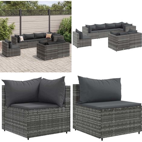 Salon de jardin 8 pcs avec coussins Gris Résine tressée - Ensemble Salon De Jardin - Salon Extérieur - Meuble De Jardin - Canapé D'angle - Canapé Extérieur - Home & Living