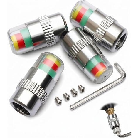 Bouchons de Valve de Pneu Lot de 4 avec Indicateur Pression Antivol - Kit Complet avec 4 Vis de Protection et Clé pour Lecture Directe et Sécurité Conduite Maximale (1/5)