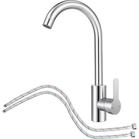 Robinet de cuisine avec flexible, mitigeur inox à 360°, douchette extractible, design courbé et pratique (1/4)