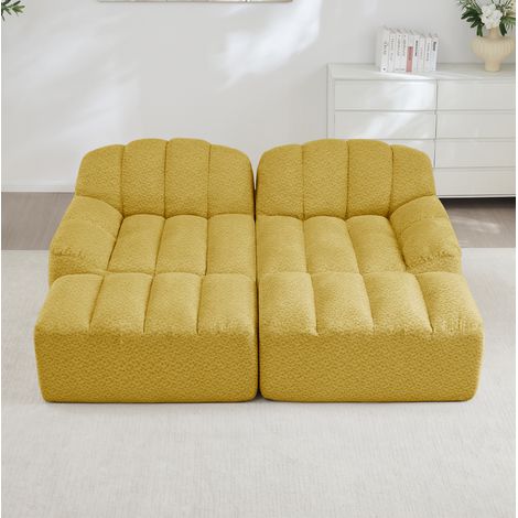 Divano modulare 2 posti con 2 pouf, schiuma 32D, tessuto morbido giallo (1/5)