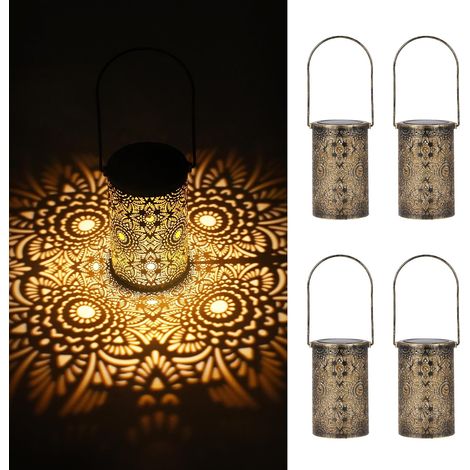 Lot de 4 lanternes solaires d'extérieur étanches IP65 pour extérieur, à suspendre, vintage, métal bronze, lanterne LED blanc chaud, résistant aux intempéries, pour extérieur, balcon, pelouse (1/5)