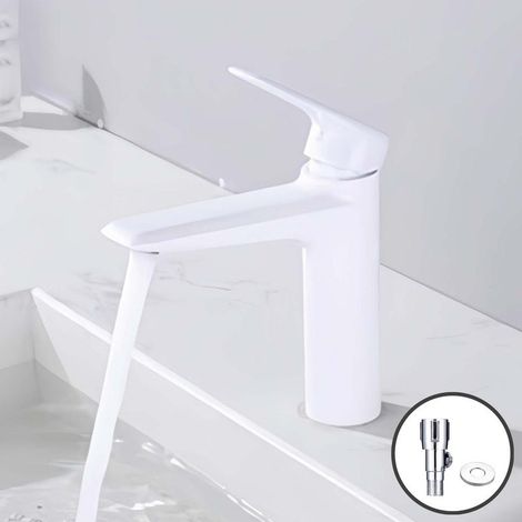 AMXCNOY Robinet mitigeur lavabo bas blanc brillant, corps en laiton et cartouche céramique, avec flexible 80cm et paire de vannes d'angle, adaptable à différents lavabos (1/5)