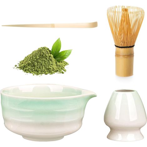 Matcha Set, Kit Matcha Complet pour Débutants, Ensemble à Matcha 4 Pièces (Bol à Matcha, Fouet Matcha, Support Fouet, Cuillère à thé), pour Cérémonie, Thé Latte ou Petit-Déjeuner (1/5)