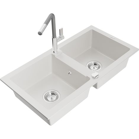 Mexen Mario 2-Becken-Granitspüle mit Mischbatterie Flora, Weiß - 6504-20-670401-06