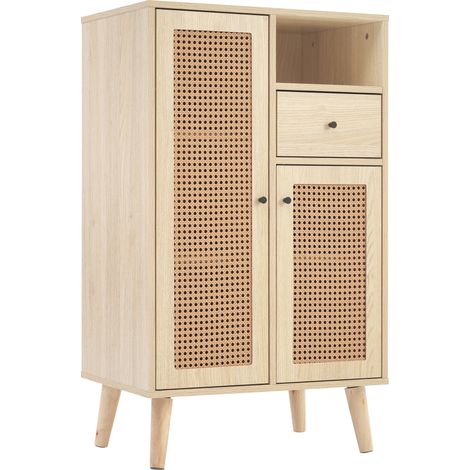 Buffet aspect bois, 2 portes en rotin, 1 tiroir, meuble d’angle, commode, meuble de rangement sur pieds, grand espace de rangement, 6040101cm (1/5)