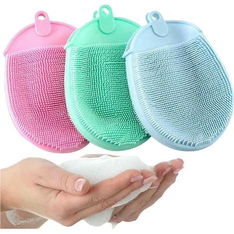 Gants exfoliants (lot de 2), brosse de massage pour le bain avec crochet, douce, pour le nettoyage et l'élimination des bulles, rose mousse (1/5)