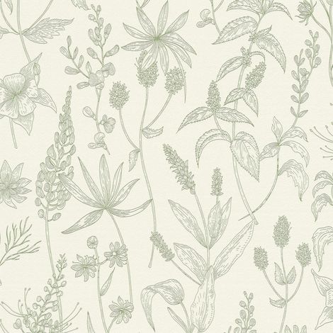 Empapelado estilo country Profhome 373635 papel pintado no tejido ligeramente texturado con dibujo floral mate verde plata blanco 5,33 m2 (1/5)
