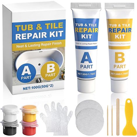 Kit Reparation Carrelage, 100g Kit de Réparation pour Baignoire Émail et Acrylique Imperméable, Répare Trous Fissures Défauts Éclats sur Douche et Lavabo en Porcelaine (Couleur Assortie) (1/5)