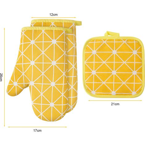 Gants de Four, 1 Paire Gants de Cuisine Coton avec 2 Maniques Cuisine, Lavable Gant Cuisine Four, Gants de Cuisine Antidérapants, Gant Cuisine Anti Chaleur pour Barbecue, Cuisson (Jaune)