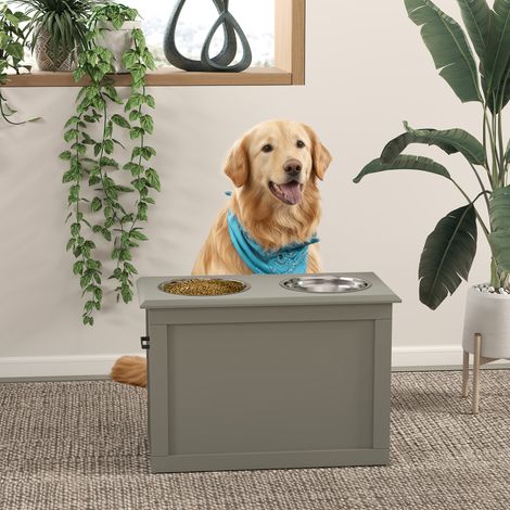 Ciotole rialzate per cani, ciotola doppia per cane/gatto, supporto rialzato per ciotole, dimensioni 60L x 30W x 41H cm, 2 ciotole da 2L, maniglie, scatola portaoggetti in legno grigio
