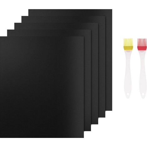 Lot de 5 Tapis BBQ Reutilisable, Anti-Adhérent Plaque Feuille de Cuisson Four Accessoire pour Barbecue à Gaz Charbon Electrique (40 x 33cm), Noir (1/5)