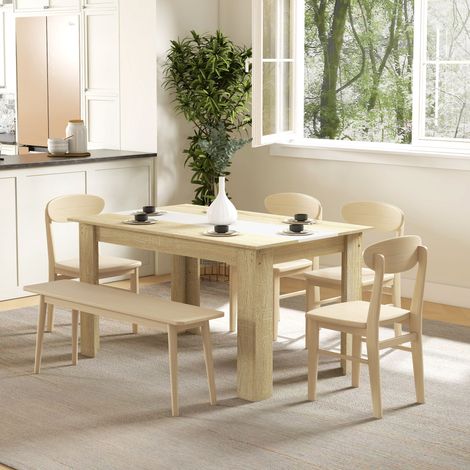 Table salle à manger 6 personnes bois aspect naturel blanc 140x90x75 cm pratique (1/5)