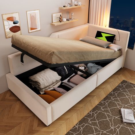 Tagesbett 90x200 mit hydraulischem Stauraum und USB-C Ladefunktion, Polsterbett aus Samt in Beige, Schlafsofa Jugendbett mit Leselampe (1/5)